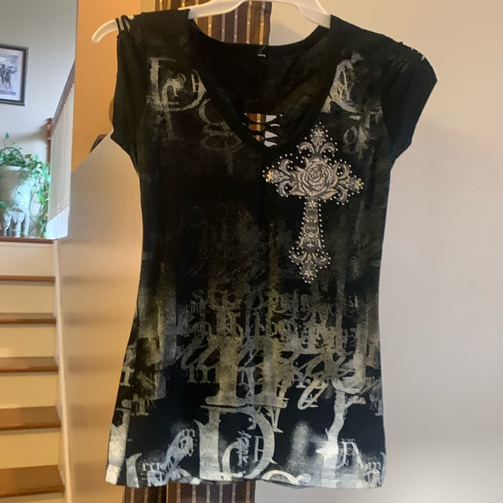 Ladies medium black T-shirt cross on front wings on back